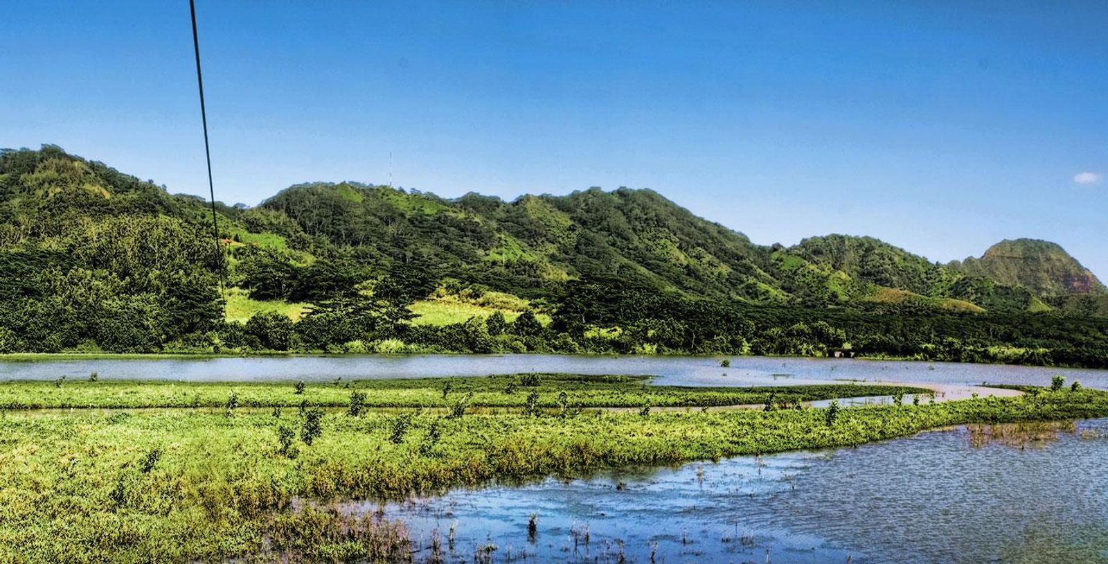 A zipline cable stretching out over wetlands and the reservoir toward distant green hills under a blue sky